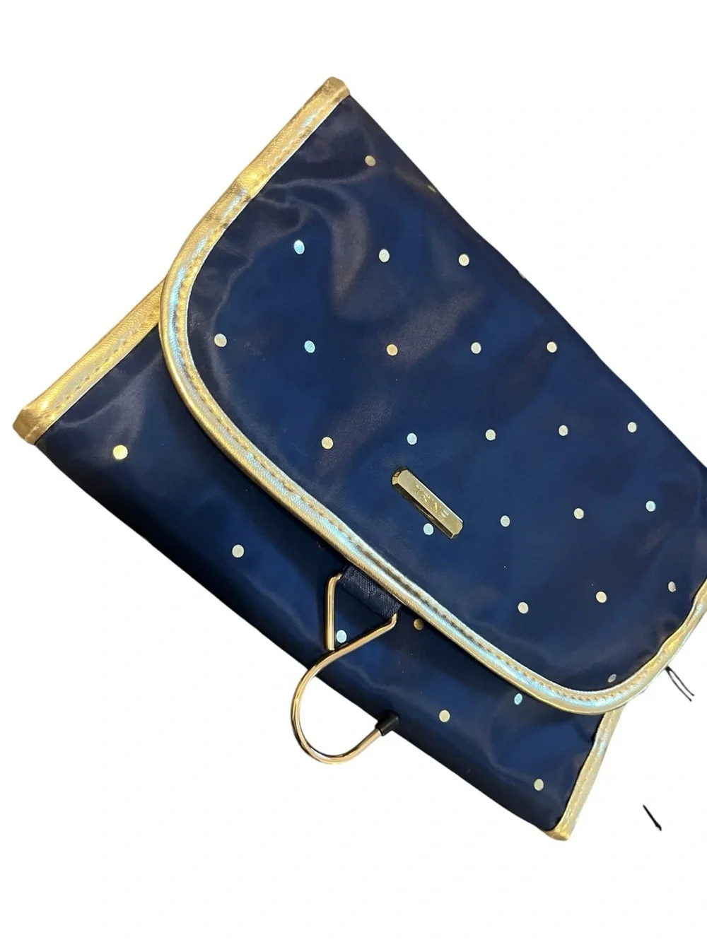Trina Turk Travel Cosmetics Organizer Navy Polka Dot with Gold Accents NWOT